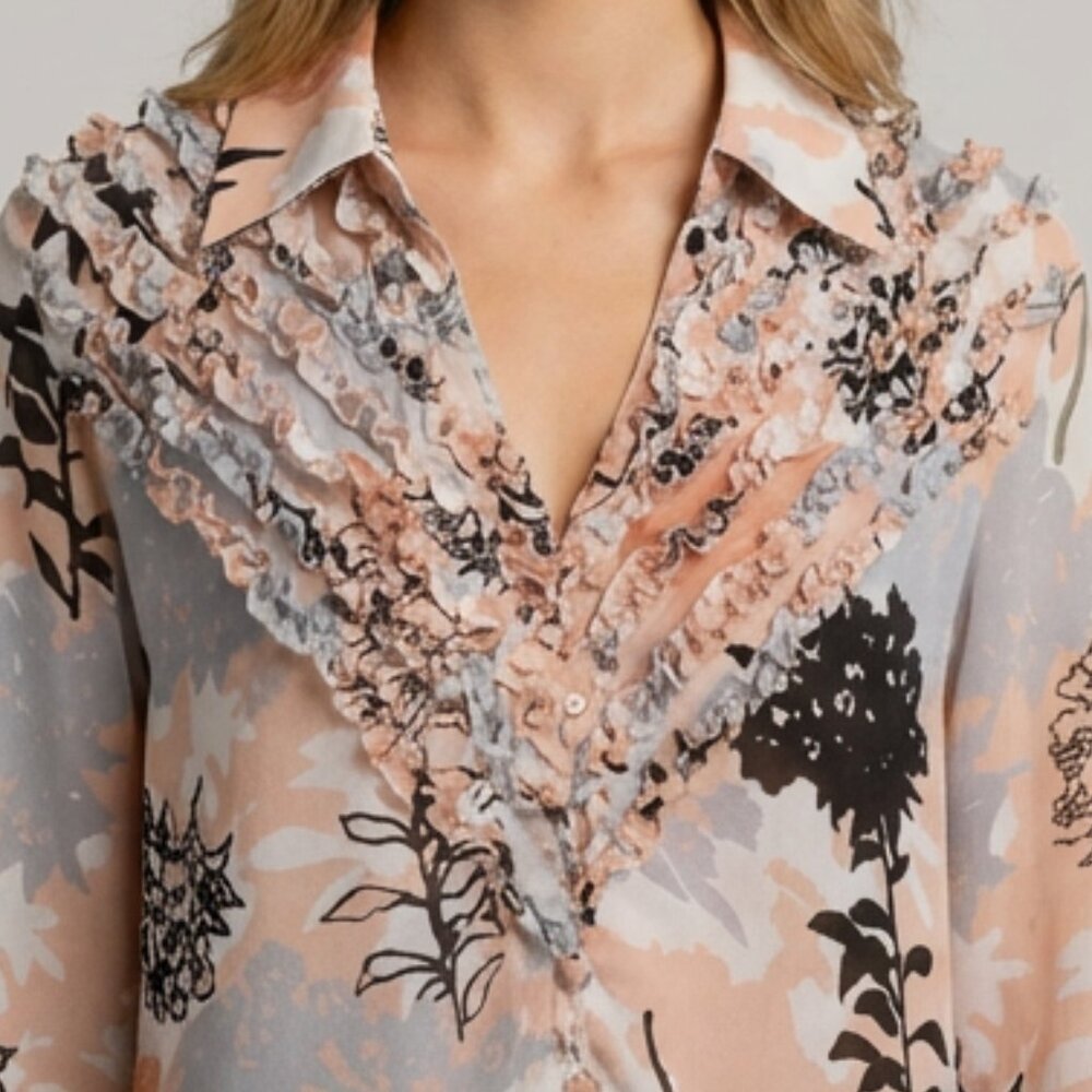 Floral Ruffle Blouse - Black, Gray, Pink - Picture 5 of 13